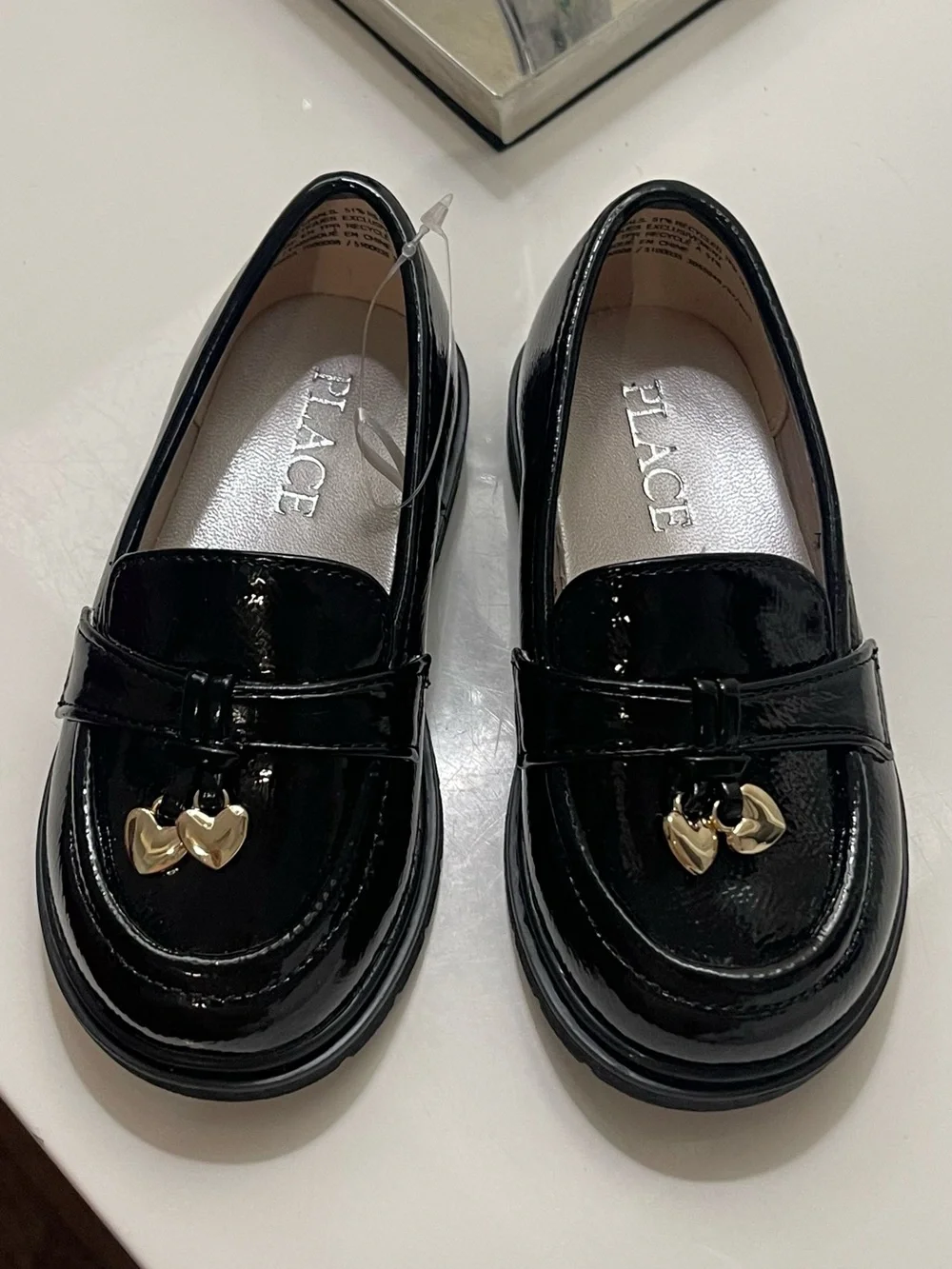 The Children's Place Black Patent Loafers with Gold Heart Charms
